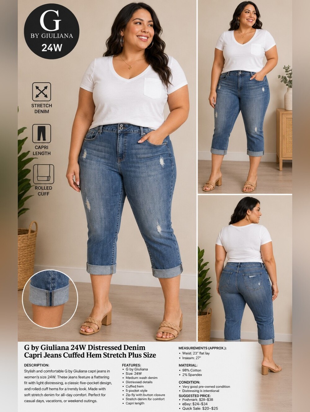 G by Giuliana 24W Distressed Denim Capri Jeans Cuffed Hem Stretch Plus Size